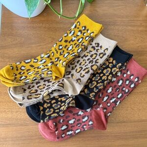Leopard Print Crew Socks Set of 4 Multi Color Pack Black Tan yellow rust red